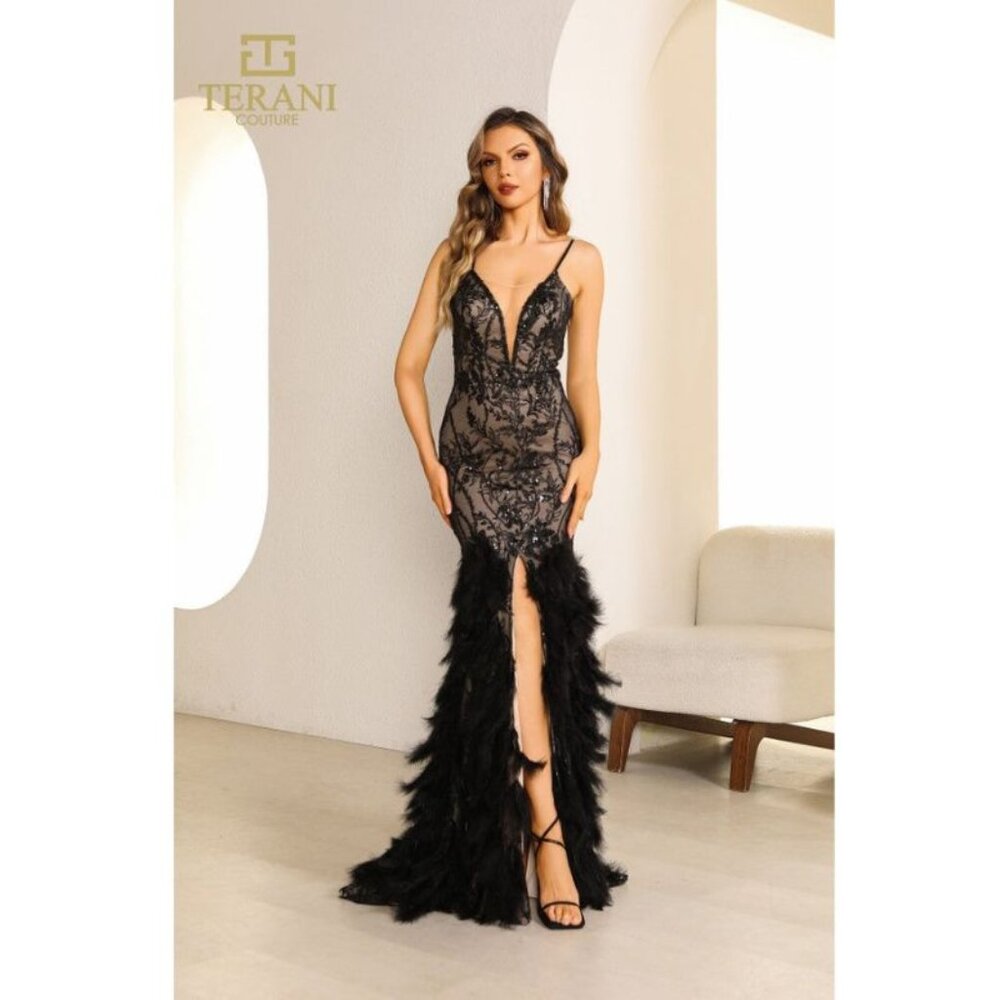 Spaghetti Strap Fitted Long Evening Dress with Feathers Style 251P4321